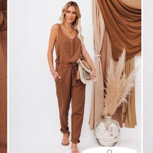 Vici cotton pocketed drawstring jumpsuit in Camel